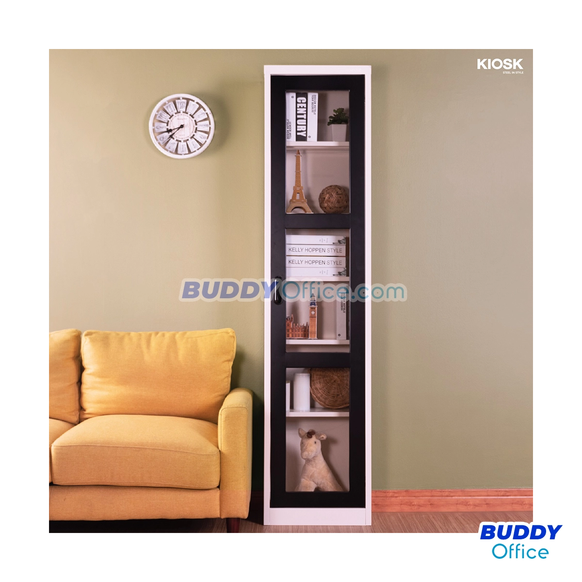 ตู้สูงวางหนังสือ 1 บานเปิด กระจก MAX042