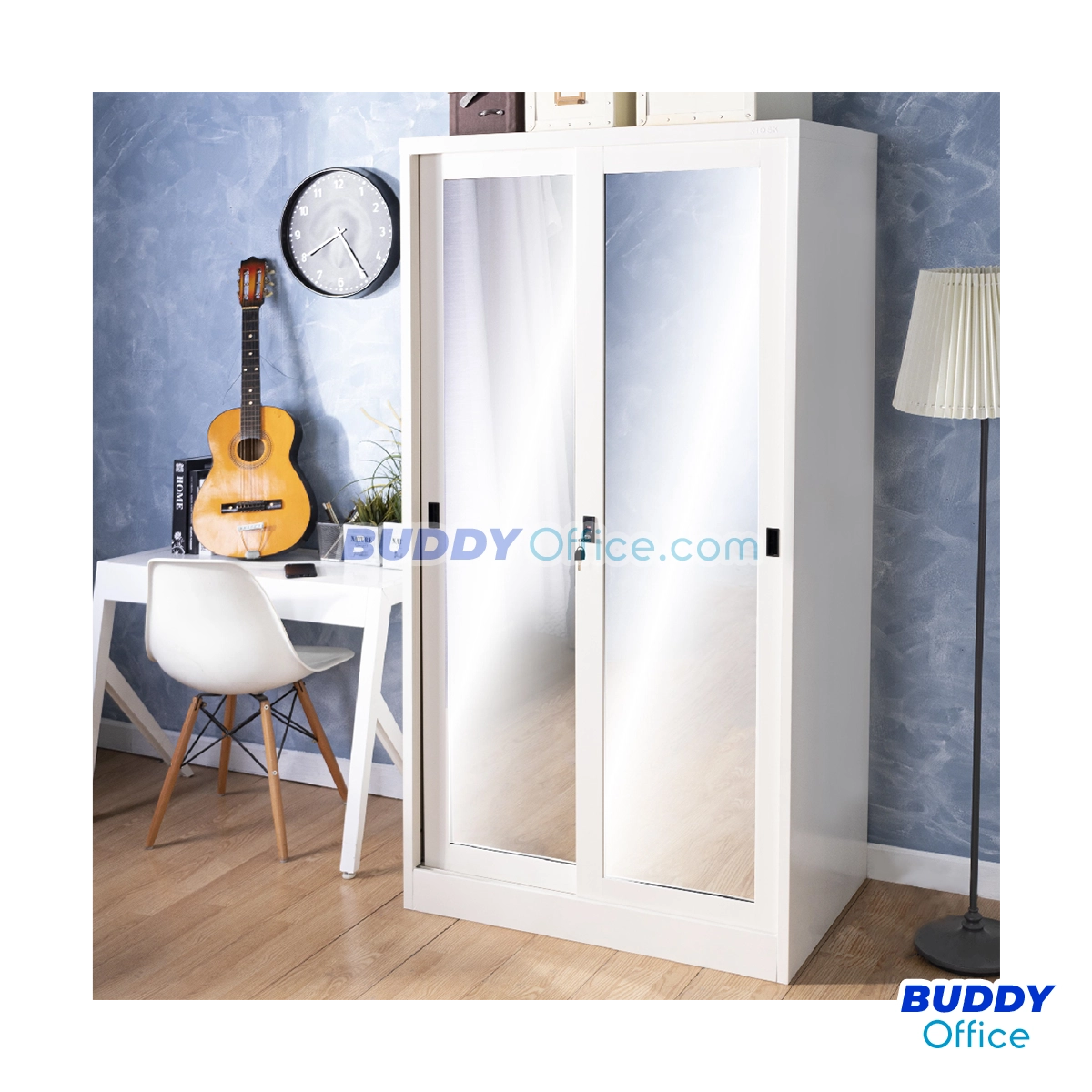 ตู้เสื้อผ้าเหล็กบานเลื่อน SGW182-1 กระจกเงา / ขนาด W91.4 x D56 x H182 ซม.